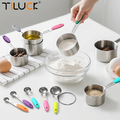Nesting Measuring Cups and Spoons Set, Stainless Steel with Soft Silicone Handle – Heavy Duty & Dishwasher Safe for Measuring Dry/Liquid Ingredients, Ideal for Cooking & Baking (10)