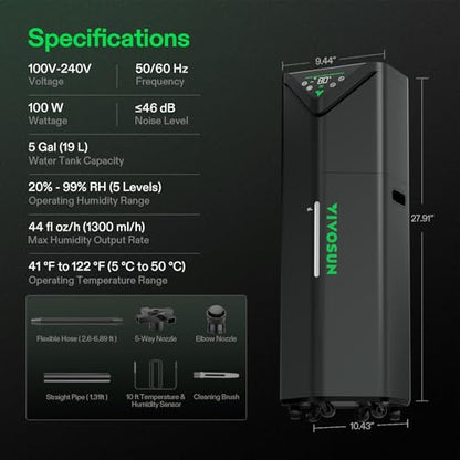 VIVOSUN AeroStream H19 Intelligent Environmental 19L Humidifier with Temp & Humidity Probe, Top Control Panel, Smart Remote Control, Designed Specifically for Use with Grow Tents | VPD Control, Smart Auto Humidity Adjustment, 19L Large Capacity, Grow Syst