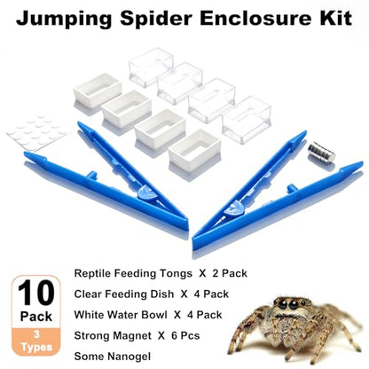 10 Pcs Jumping Spider Enclosure Kit, Magnetic Jumping Spider Feeding Dish, Mini Tarantula Water Dish, Tiny Reptile Feeding Tongs, Jumping Spider Accessories for Spoods and Other Small Pets