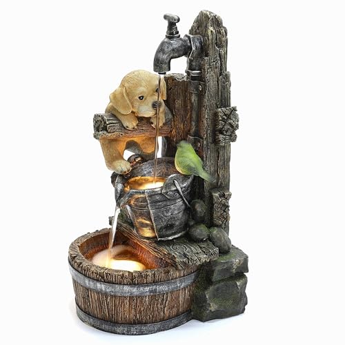 LuxenHome 25" Resin Water Fountain Outdoor, Puppy and Bird Outdoor Fountain | Farmhouse Outdoor Fountains with LED Lights, Built-in Pump, Indoor and Outdoor Water Fountain - color: Brown/Gray