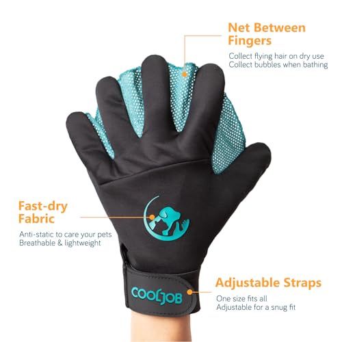 COOLJOB Patented Pet Grooming Gloves with Web, Reusable Washable Cleaning Brush Massage Hair Remover for Short Long Haired Dog Cat Horse Animal, Washing Bathing Shedding Supplies, Medium, Blue Black - size: Medium