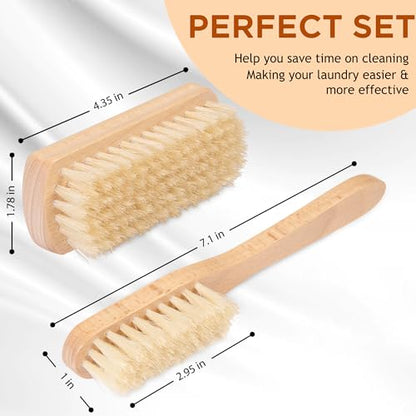 TAKAVU Laundry Brush Set, Soft Boar Bristle and Compact Wood Handle | Gentle on Delicate Fabrics, Stain Scrub Brush for Clothes, Delicate Knits, Washable Spot & Garment Care Cleaner - color: White Boar
