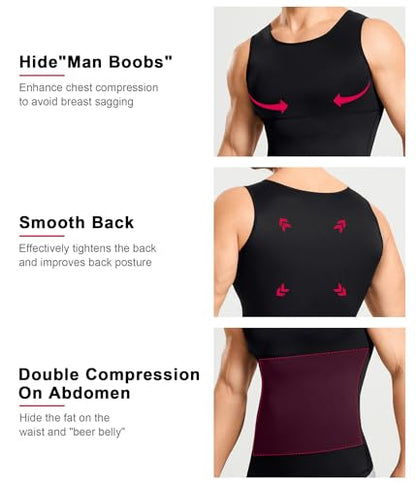 Gotoly Men's Compression Shirt Shapewear Slimming Body Shaper Vest | Man boobs slimming, double-layer tummy control, seamless round neck, invisible under fitted tees, 4-way stretch fabric - color: Black, size: Small