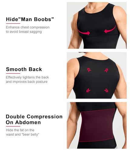 Gotoly Men's Compression Shirt Shapewear Slimming Body Shaper Vest | Man boobs slimming, double-layer tummy control, seamless round neck, invisible under fitted tees, 4-way stretch fabric - color: Black, size: X-Large