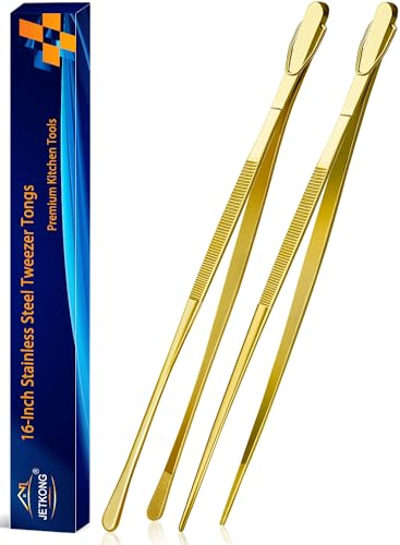 JETKONG 2 Pcs 16-Inch Heavy Duty Cooking Tweezers Extra Large Stainless Steel Food Tweezers Gaint Kitchen Tweezer Tongs (Gold) - color: Gold, size: 16+16 Inch