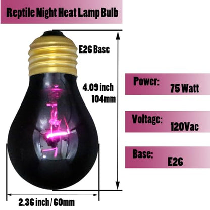 Reptile Heat Lamp 75W, Night Heat Bulb Simulate Nature Moonlight Purple Bulbs, Amphibians Basking Spot Light Bulb for Bearded Dragon, Gecko, Snake, Lizard and Turtle, E26 Base, 2 Pack