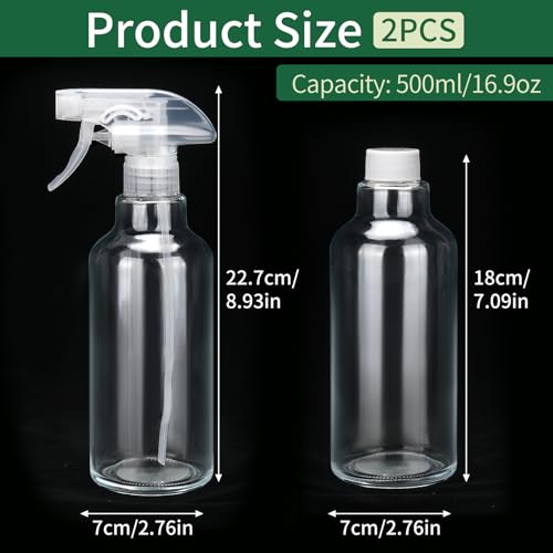Glass Spray Bottles 16.9oz/500ml 2 Pack Clear Empty Spray Bottle | Mist/Stream Heavy Duty, Water Spraying Bottle, for Cleaning, Cooking Solutions, Hair Care, Including a funnel and two lid - color: C-Transparent