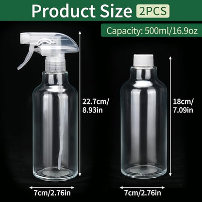 Glass Spray Bottles 16.9oz/500ml 2 Pack Clear Empty Spray Bottle | Mist/Stream Heavy Duty, Water Spraying Bottle, for Cleaning, Cooking Solutions, Hair Care, Including a funnel and two lid - color: C-Transparent
