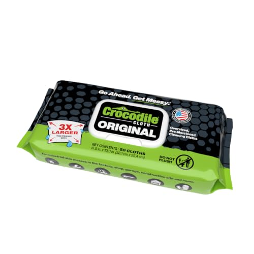 Crocodile Cloth Original Heavy-Duty Hand & Tool Wipes, 12 Packs, 600 Count | Multi-Surface, Water-Based, Safe on Skin, 15" x 10"