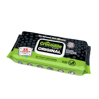 Crocodile Cloth Original Heavy-Duty Hand & Tool Wipes, 12 Packs, 600 Count | Multi-Surface, Water-Based, Safe on Skin, 15" x 10"
