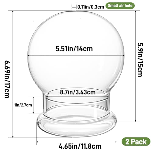2 Pack Round Glass Cloche Domes with Air Hole and Base, 4.6 X 6.6 Inches Clear Terrarium Planter, Cloche Planters, Terrarium Bell Jar, Humidity Dome for Plants, Borosilicate Glass