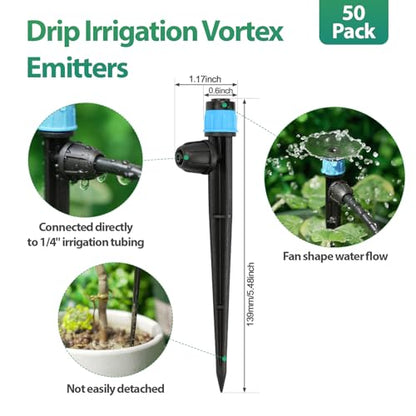 RedChili 50 Pieces Drip Emitters for 1/4" Drip Irrigation Tubing, Adjustable 360 Degree Vortex Drip Emitters with Stake 360° Full Circle Fan Shape Pattern Garden Irrigation Micro Drippers - size: 50P Vortex Emitter