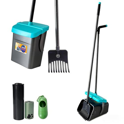 46" Pooper Scooper Swivel Bin & Rake for Large Small Dogs with Bag Attachment, Long Handle Poop Scooper with Lid for Yard (Blue) - color: Blue
