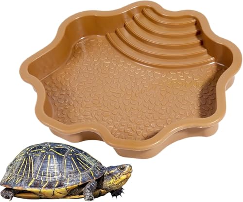 Extra Large Reptile Bathing Pool Reptile Feeding Dish Water Bowl with Ramp Aquarium Ornament for Gecko, Snake, Turtle, Bearded Dragon, Lizard Bath (Brown-Yellow) - color: Brown-yellow