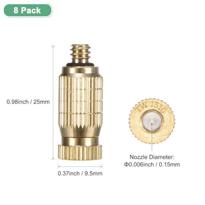 M METERXITY 8-Pack Brass Misting Nozzles, 0.006"/0.15mm Orifice Mister Nozzles Brass, High Pressure Spray Misting Nozzle Head for Outdoor Cooling System/Greenhouse/Landscaping [10/24 UNC] - size: 0.15mm