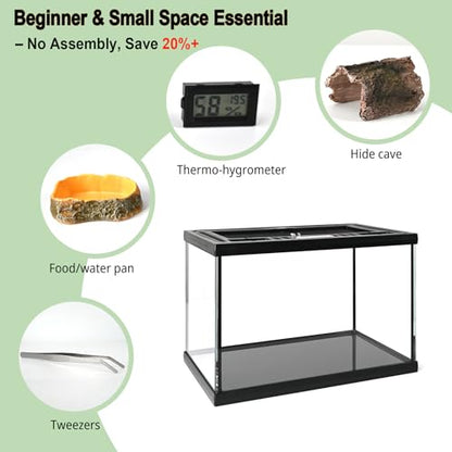 Small Reptile Glass Terrarium Kit 12"x8"x8" Full View Reptile Enclosure Tank for Spiders,Tarantulas,Hermit Crabs,Geckos,Frog,Turtle,Fish and Isopod with Tank Accesssories and Top Openning Door - size: 8"W x 12"D x 8"H