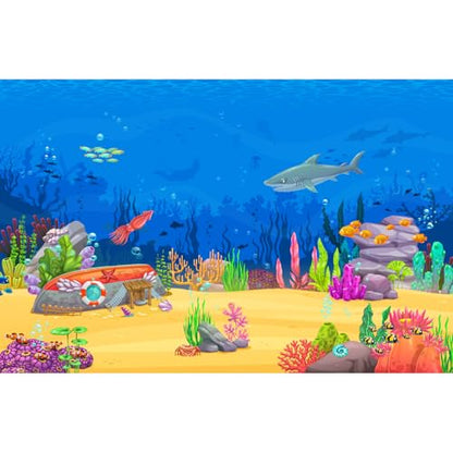 Underwater Cartoon Landscape Aquarium Background Adventurous Sea Scene Shark Sunken Boat Squid Fish Shoal Terrarium Background Deep Blue Sea Marine Life Game Level Fish Tank Backdrop Vinyl 24x12in - color: Cartoon Yellow, size: 24(W)x12(H)in