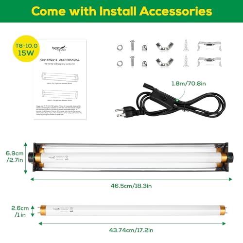 T8 UVB Reptile Light Fixture HO UVB Bulb Lighting Combo Kit, 10.0 UVB Light for Reptiles Terrarium Hood with 15W Reptile Light Bar UVA UVB Desert Lamp for Bearded Dragon Turtle Tank, 18Inch - size: T8-18Inch