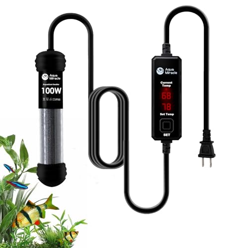 AquaMiracle 100W Small Aquarium Heater Fish Heater, Super Mini Fish Tank Heater Turtle Tank Heater for 10-20 Gal Tanks, with Dual LED Display, Dry-Run/Overheating Protection & Memory Function - size: 10-20 Gal Tanks