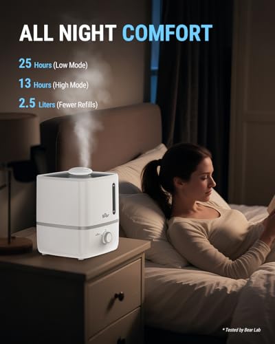 Bear 2.5L Cool Mist Humidifier & Oil Diffuser for Bedroom, White | Quiet & Rapid Mist for Whole-house Use with Adjustable Output and Auto Shut-off
