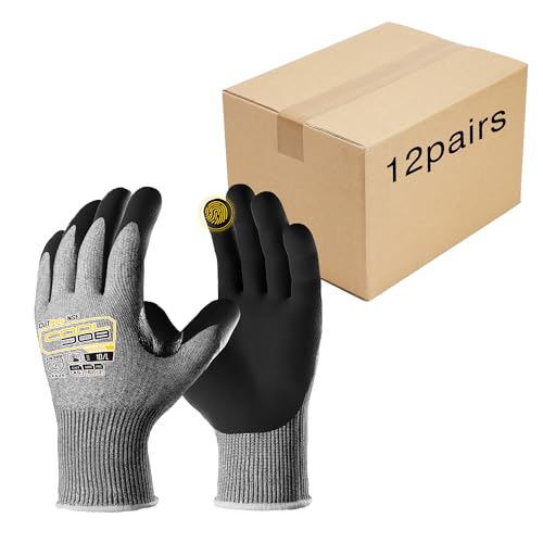 COOLJOB ANSI A5 Cut Resistant Gloves 12 Pairs, Nitrile Rubber Dipped Safety Work Gloves for Men, Knife Proof with Grip Coating for Construction Warehouse Glass Wood Work, Grey Medium - size: Medium, style: A5 Pack of 12