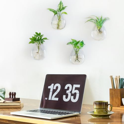 Dahey Wall Propagation Vases, 4 Pack Oblate Borosilicate Glass Planters | Fits Hydroponic Cuttings & Flowers, Drill-Free Mount, Easy Clean, Clear Root View, Heat-Resistant, Home Decor, Plant Gift