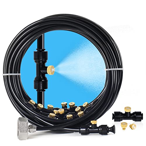 59FT Misters for Outside Patio, 20 Brass Nozzles, 3/4 Inch Adapter | Creates Cooling Fine Mist for Patios, Gardens and Greenhouses, 18M Preassembled Misting Line Supports Easy DIY Setup. - size: 59FT