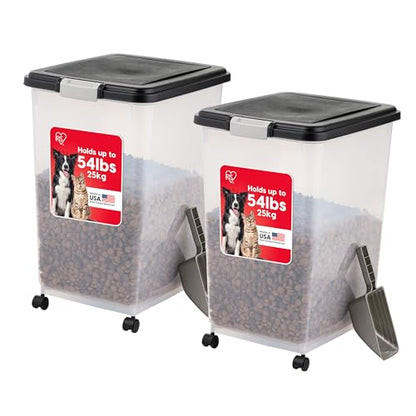 IRIS USA Dog Food Storage Container, 2-Pack, Up to 54 lbs, Black | Made in the USA, Comes w/ Wheels & 2-Cup Scoop, Airtight Seal, BPA-Free, Bird Seed, Cat food, Cat Litter, Multi-Pet Household - color: Black, size: 54 lbs - 2 Pack