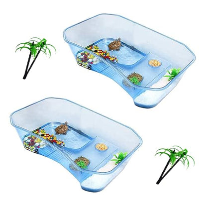 PINVNBY Small Turtle Tank with Basking Platform,2 PCS Plastic Turtles Tank with Artificial Tree,Hermit Crab Habitat Terrariums Easy to Clean,Durable,Safe(Blue) - color: Blue, size: 【2 PCS】