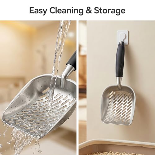 Cat Litter Scoop, Kitty Metal Scooper with Long Handle | Heavy Duty Aluminum Deep Sifter, Rustproof Durable Kitten Poop Shovel for Travel & Small Litter Box - color: Black, size: Medium