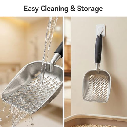 Cat Litter Scoop, Kitty Metal Scooper with Long Handle | Heavy Duty Aluminum Deep Sifter, Rustproof Durable Kitten Poop Shovel for Travel & Small Litter Box - color: Black, size: Medium