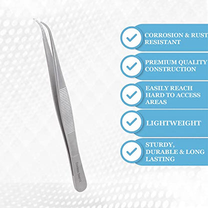 Lab Tweezers High Precision Forceps, 6" (15.2 cm), Fine Strong Curved Point tweezers, Stainless Steel - size: 6 Inch