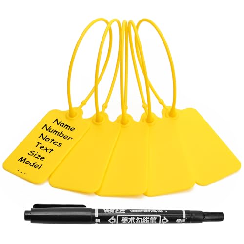 50 Yellow Blank Plastic Tags for Labeling Waterproof Hanging Labels Writable Tags Seal Plastic Marking Label for Clothes Bags Keys Inventory with One Marker Pen - color: Yellow, size: 50 PCS
