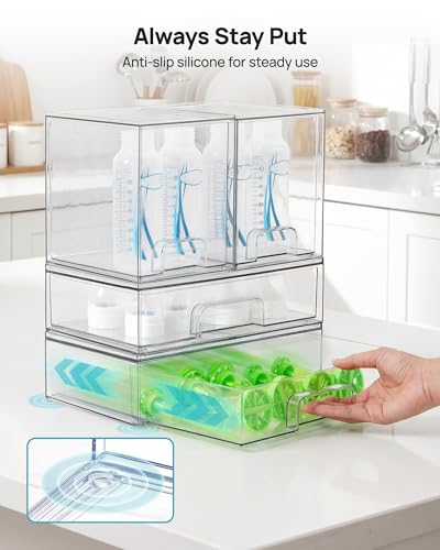 Vtopmart Clear Stackable Storage Drawers Set of 4, Plastic Organizer Bins for Makeup, Cosmetics, Beauty Supplies,Ideal for Vanity, Bathroom,Cabinet,Pantry Organization - style: 2 High+2 Wide