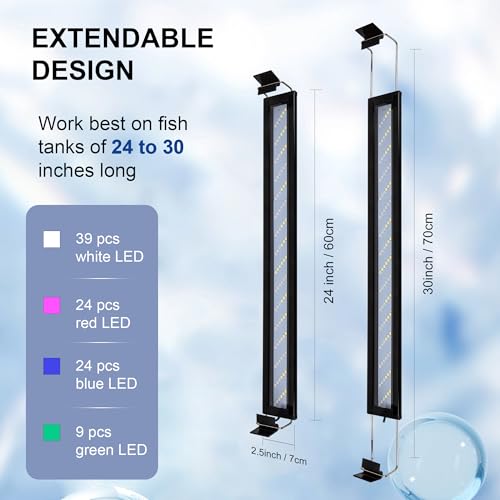 Led Aquarium Light, Full Spectrum Fish Tank Lights, 30 Inch Freshwater Fishtank Hood Lighting for Grow Fish, Plants, Adjustable from 24 to 30in - size: 24-30 IN