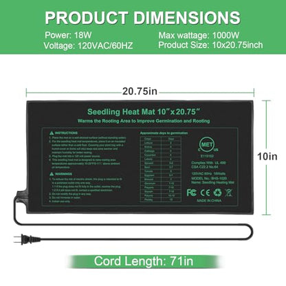 Durable Seedling Heat Mat 10x20.75 inches 4 Pack, Upgraded MET Certified Heat Mat for Plants Seed Germination,Hydroponic, Waterproof Greenhouse Heater, Seed Starter - size: 10"x20.75" 4pack
