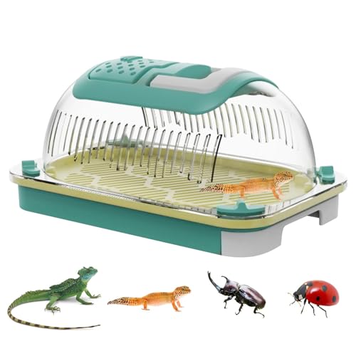 Plasti c Reptile Terrarium Carrier Cage with Handle & Tray, Portable Breathable Reptiles Feeding Box Clear Travel Carrier for Small Reptile Amphibians, 19 x 12.5 x 9.5 cm