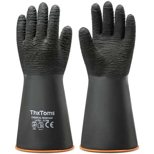 ThxToms Heavy Duty Rubber Gloves, 14" Upgraded with Non-Slip Design | 1 Pair Black Industrial Chemical Resistant Gloves Waterproof Reusable Protective Work Gloves for Dishwashing - color: 14"