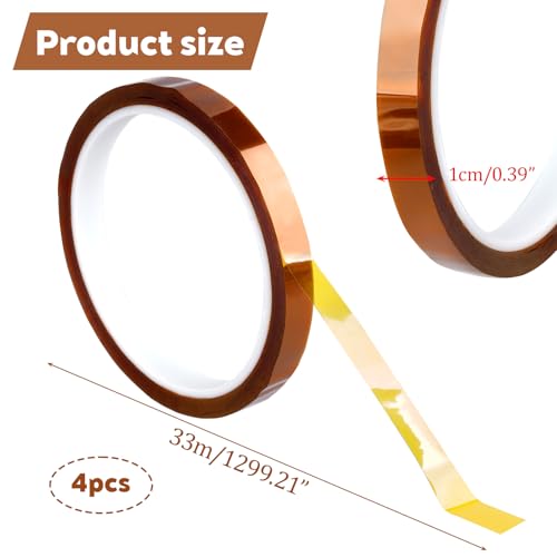 High Tape, 4 Rolls Heat Transfer Tape Heat Resistant Tape High Temp No Residue for Sublimation, Heat Press Electronics, Soldering, Max Temp 480℉/250℃, 10mm x 33m(108ft)