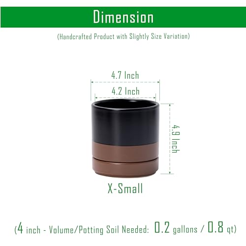 D'vine Dev 4-Pack Ceramic Pots with Saucers, Black/Tan, 4.7 in, 94-X-B-7 | Glazed Ceramic, Drainage Hole and Saucer, Sleek Cylinder Shape, High Temperature Fired, Ideal for Small Houseplants - color: Black/Speckled Tan, size: 4.7 Inch