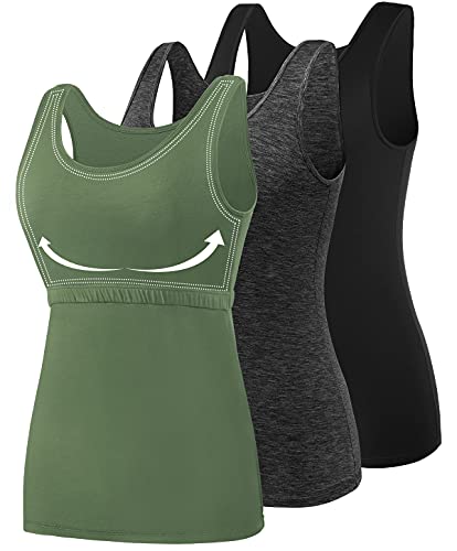 AMVELOP Tank Tops for Women Built in Bra Cotton Shelf Bra Tanks Layering Undershirts 2-3 Pack - color: 3 Pack-black/Dark Gray/Amygreen, size: XX-Large