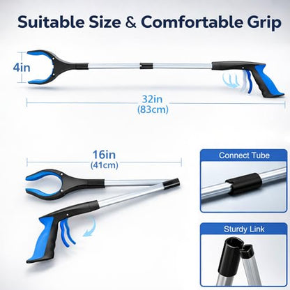 Grabber Reacher Tool - 32” Extra Long Foldable Gripper and Reaching Tool - Heavy Duty Pick Up Stick Grabbers for Seniors, Trash, Surgery Recovery Must Haves Gifts (Blue) - color: Blue