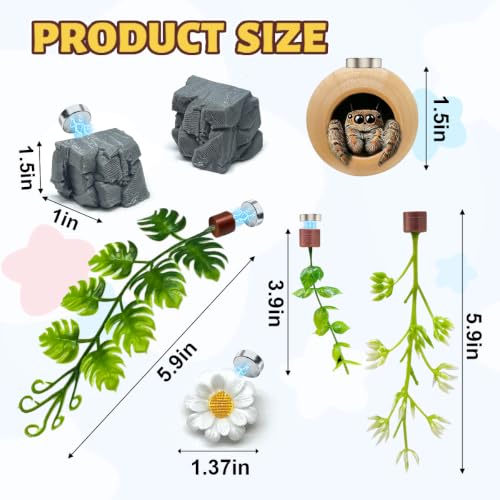 7 Pcs Jumping Spider Accessories Set, Magnetic Hide Cave Rock Ornament Artificial Plants Vines, Reptile Tank Accessories for Jumping Spider Mantis