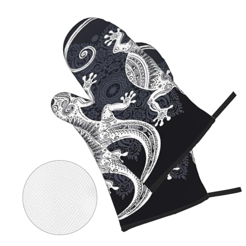 Gecko Lizard Abstract Reptile Animal Herpetology1 4-Piece Oven Mitts and Handle Covers Set - Heat Resistant Baking Gloves for Kitchen BBQ Grilling