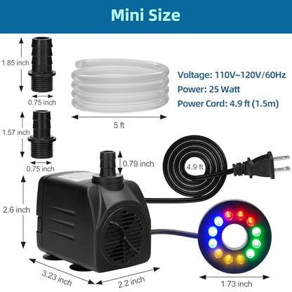DaToo Mini Submersible Fountain Water Pump With LED Light 400GPH 25W Small Ultra Quiet Water Pump With Tubing For Aquarium Fish Tank Outdoor Pond Water Feature Fountain Statuary - size: 400GPH 25W(12 LED)