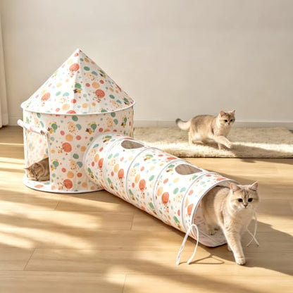 2-in-1 Cat Play Set, Pop-Up Cat Tunnel Rest Hut with Plush Ball Toys | Collapsible Cat Toys Combo with Tent & Ball for Indoor Tunnel, Hiding & Lounging，Suitable forca, dogs, rabbits. Perfect toy. - color: White
