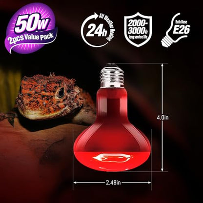 Leoterra 50w Reptile Night Heat Bulb Red Infrared Night Heat Lamp 10-20 Gallon Terrarium Use Thickened Glass (2-Pack) for Geckos, Frogs, Small Snakes,Bearded Dargon Night Use 2000+ Hours Service Life - style: R6350 Red Night Heat Bulb