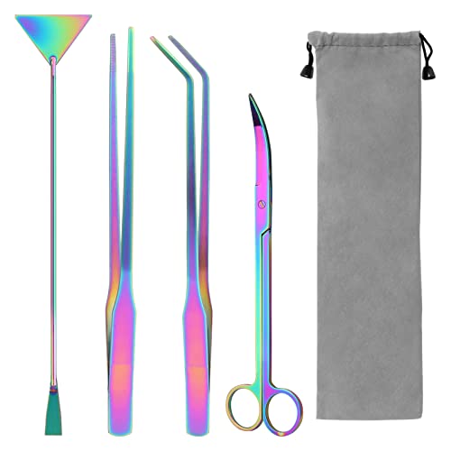 15" Aquarium Aquascape Tools Kit 4P Stainless Steel Aquascaping Set | 4in1 Extra Long Full Metal Design, Scissors, 2P Tweezers And Sand Spatula, For Trimming Plants, Arranging Sand And Aquascape - color: Colorful