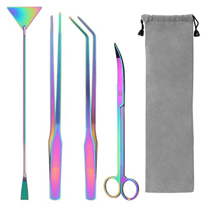 15" Aquarium Aquascape Tools Kit 4P Stainless Steel Aquascaping Set | 4in1 Extra Long Full Metal Design, Scissors, 2P Tweezers And Sand Spatula, For Trimming Plants, Arranging Sand And Aquascape - color: Colorful