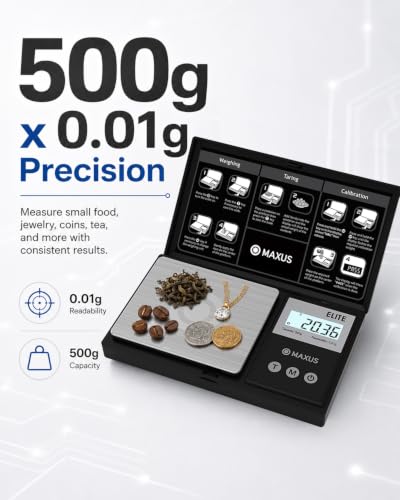 Digital Pocket Gram Scale 500g x 0.01g High Precision with Tray | Weighs Small Food, Jewelry, Ounces, Grains, LCD Display, Tare Function - color: Black